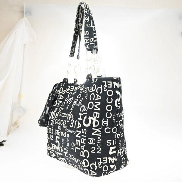 CHANEL Logo By Sea Shoulder Tote Bag Canvas Leather Black Made In Italy 73KB178 - Picture 2 of 16